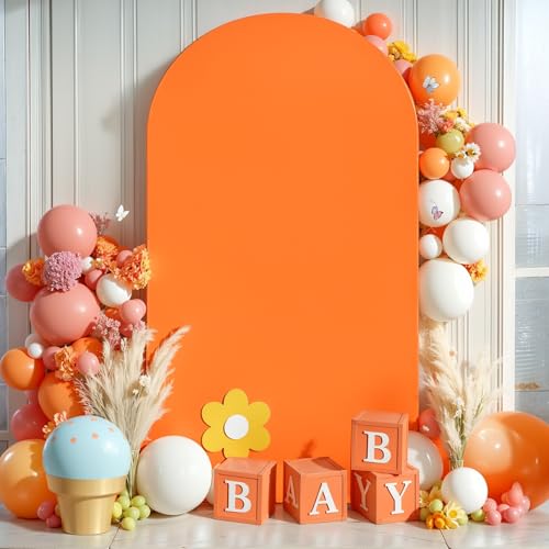 Image of 7.2FT Orange Arch Backdrop Cover, Spandex Fitted Wedding Arch Stand Covers Round Top Chiara Backdrop Cover for Thanksgiving Birthday Party Ceremony Banquet Decoration