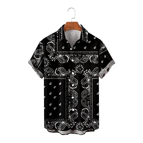Chemise de plage hawaïenne noire à fleurs de cajou et manches courtes bouton