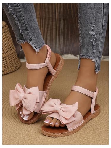 Image of GORGLITTER Women's Bow Flat Sandals 2026 Dressy Cute Ankle Strap Slides | Summer Shoes for Women 2026, Slip On Open Toe Flats, Slingback Slides, Vacation Dress Sandals