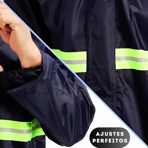 Conjunto Capa de Chuva com Faixas Refletivas, Impermeável, 3 Peças - Jaqueta, Calça e Toca, Tamanho