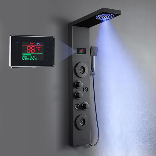 ROVATE LED Shower Panel Tower System with Rainfall Mist Shower Head, Matte Black 6-in-1 Shower Tower with Jets and Handheld and Digital Temperature Display, High Pressure Shower Column with Tub Spout