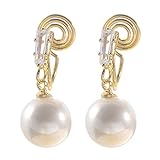 Miyabi Grace Pendientes elegantes para mujer con perlas blancas y cristales de imitación de oro invisibles, con clip en espiral, cómodos y sin perforaciones