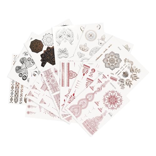 TINGTING Temporäre Tattoos Set – 12 Blätter Klebetattoos Erwachsene, 152 Henna Fake Tattoos in Gold, Silber, Rot & Schwarz | Indisch Mystische Motive mit Elefant, Blume & Schmetterling