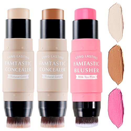 Erinde 3PCS Contour Foundation Stick with Brush, Highlighter Bronzer Pen, Face Brightens Shades Pencil, Highlighting Shade, Highlight Shaping Stick, Impermeable, Maquillaje de larga duración