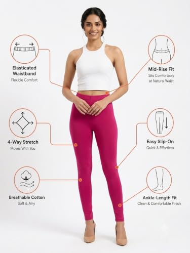 Image of Women's Cotton Lycra Ankle Length Leggings | Regular Rise, Soft 4 Way Stretch Fabric | Casual & Ethnic Wear