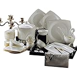 asdchZen Klassisches 58-Teiliges Geschirrset Für 10 Personen, Bone China Mit Weißem Relief, Für Gehobene Restaurants, Familienessen Und Hochzeitsbankette