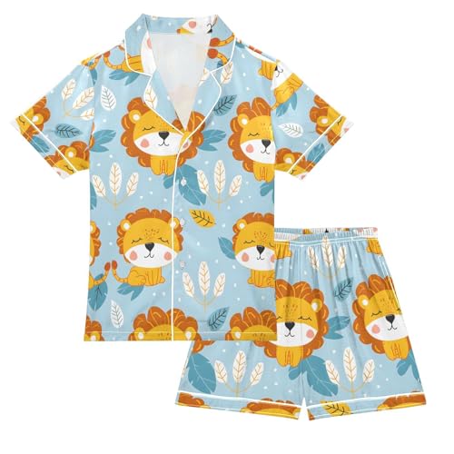 ALAZA Lovely Lion Pajamas Satin Pajama Set Short Sleeve Button Down Sleepwear