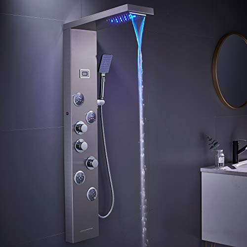 MENATT LED Shower Panel Tower System, 6 in 1 Stainless Steel LED Shower Column, Rainfall & Waterfall Head, Massage Jets, Tub Spout, Handheld Shower(Brushed)