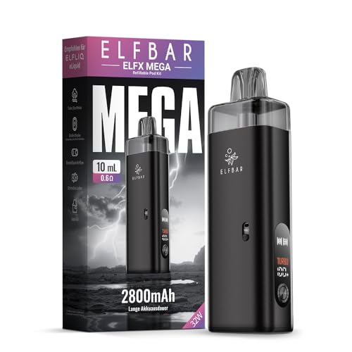 ELFX Mega Pod Kit 2800mAh Akkuträger 10ml Nachfüll Pod Dual Mesh Coil Pod-System für MTL & RDL Farbdisplay 2 Modi Eco & Turbo Zugautomatik Airflow Control USB-C Ohne Nikotin & Liquid Schwarz