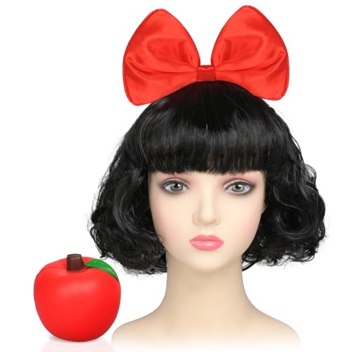 iZoeL Halloween Schneewittchen Kostüm Damen, Prinzessin Perücke Kurz schwarz Haarreif mit Rote Schleife Gefälschter Apfel Halloween Kostüm...