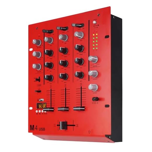 Yamnweo M4 4-Kanal DJ Mischpult (Rot), Audio Mixer mit Bluetooth & USB, Crossfader, 3-Band EQ, Gain-Regler & Cue-Monitor-Funktion - Professionelles Soundboard für Party, Club, Karaoke