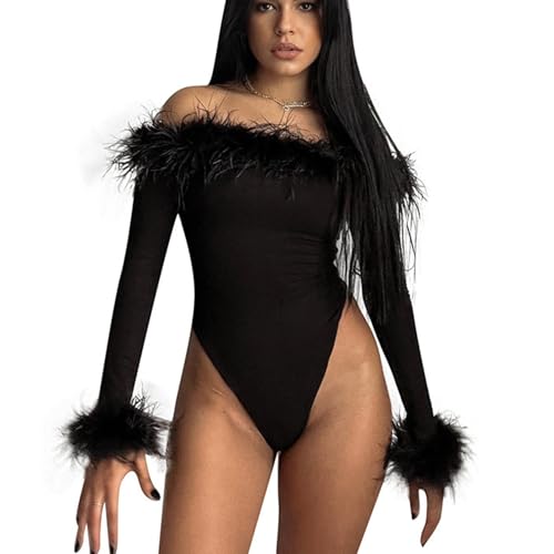 Wuitrie Women's Off-Shoulder Bodysuit Faux Fur Collar Sexy Bodycon Long