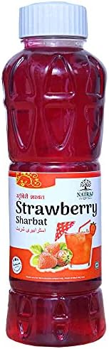 Natraj The Right Choice Strawberry Sharbat Syrup. Perfect for making cool drinks, desserts, and more, this 750 ml bottle provides rich strawberry flavor that delights your taste buds. Ideal for summer refreshments or adding a fruity twist to your recipes.