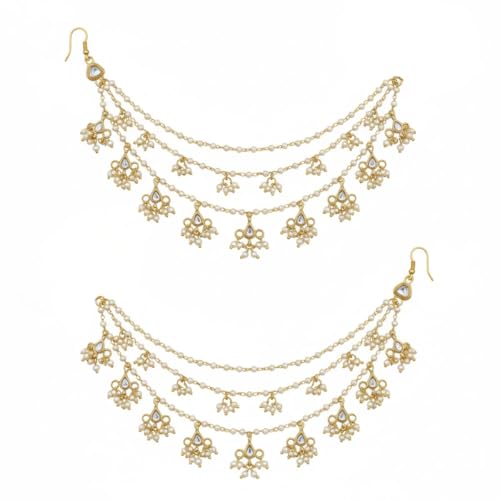 Image of Traditional Gold Plated Alloy Ear Chain Pair with Kundan & Pearl Dangling Design | 3 Layer Bridal Ear Chain for Women