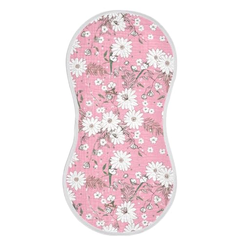 White Flowers Muslin Burp Cloths 22x11 Inch - 4-Layer Organic Cotton & TPU Waterproof Lining, Absorbent Baby Bibs for Boys/Girls with Hanging Loop