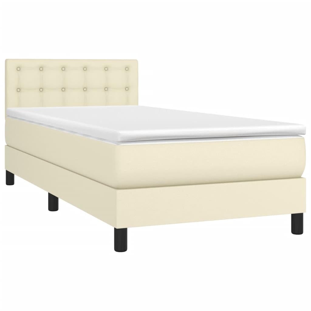 Letto a molle con materasso e testiera regolabile, in ecopelle color crema, 90 x 200 cm, con coprimaterasso, telaio resistente, comodo per dormire, ideale per chi dorme sulla schiena e sulla