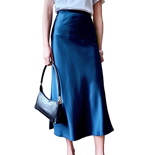 Jupe longue femme satin bleu marine coupe midi taille haute élégante A-line