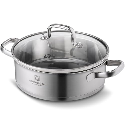 WAGENSTEIGER 4.3 Quart Casserole Pot/Dutch Oven/Saute Pan, 3-Ply Stainless Steel with Aluminum Core, Tempered Glass Lid, Ergonomic Handles, All Cooktops Compatible (9.84" Diameter Casserole)