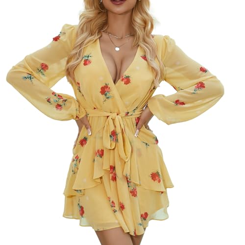 Long Sleeves Chiffon Print Wrap Front Mini Skater Dresses Spring Summer Dress