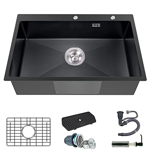 Black Kitchen Sink, Stainless Steel Topmount Bar Sink 33X22X9 Inch Single Bowl Drop In Kitchen Sink Combo-Sink Grid,Soap Dispenser,Faucet Mat,Drain Strainer Set For Modern Single Basin Kitchen Sink #TOP27