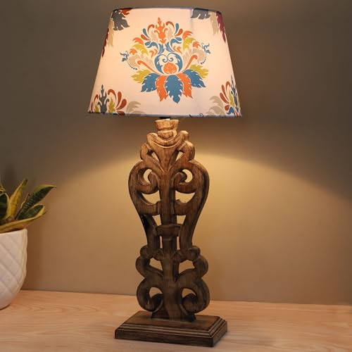 Image of tu casa Mangowood Rustic Brown French Table Lamp for Home Decoration, Bedroom, Living Room, Lounge, Office, Festival Gifting, Study Table (English Oak Print with Satin Shade) H - 21 inch / No Blub