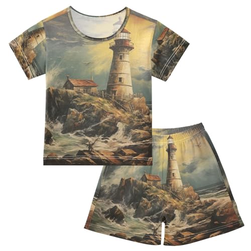 ALAZA Nautical Lighthouse and Ocean Waves Pajama Set Short Sleeve Sleepwear Soft Lounge Nightwear