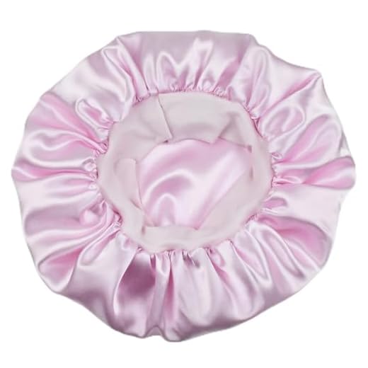 Touca de seda para mulheres dormindo, touca de cetim de camada dupla para cabelos cacheados, faixa larga forrada de seda, touca noturna, rosa, G