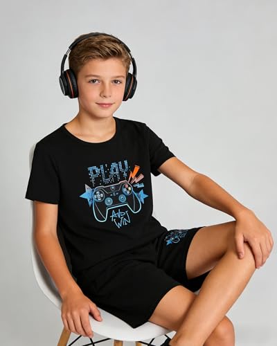 Image of Cakaner Tween Boys Summer Clothes 2 Piece Short Sleeve Graphic T-Shirt and Shorts Casual Outfit Set Size 7-14