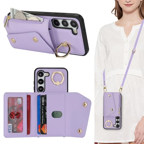 Lipvina for Samsung Galaxy S23 Case with Card Holder and Strap - Zipper Pocket,Crossbody Lanyard Strap,Credit Card Holder,Stand Ring,Cute Phone Wallet Case for Women(Purple,6.1 Inch)