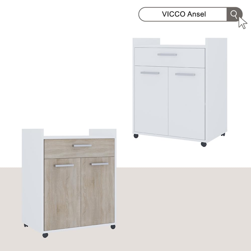 Vicco Rollcontainer Ansel, Weiß/Sonoma, 60 x 40 cm mit Schubladen, auf Rollen fahrbar für Flexible Nutzung im Arbeitsbereich