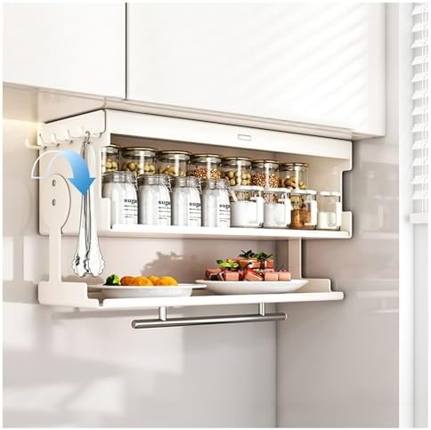 2 Tier Pull-Out Cabinet Organizer, 90° Foldable Drop Down Shelf for Blind Shakers, Spice Jars, Multifunction Hanging Storage for Kitchen, Pantry, Bar - Space-Saving Storage Rack(Black,S)