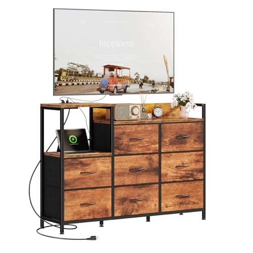 Image of DUMOS TV Stand Dresser with 8 Fabric Drawers & Open Shelves, TV Stand with Wooden Top, Entertainment Center with Charging Station for Living Room, Hallway, Rust