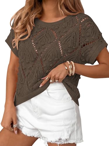 Image of Cakulo Womens Crochet Crop Tops 2026 Summer Short Sleeve Hollow Out Boho Sweater Beach Vacation Cruise Resort Wear
