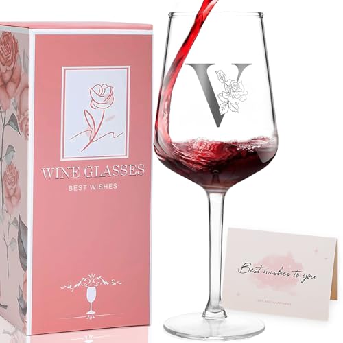 Personalized Monogram Wine Glass for Women, Initial Letter V Wine Glass with Gift Box and Card...