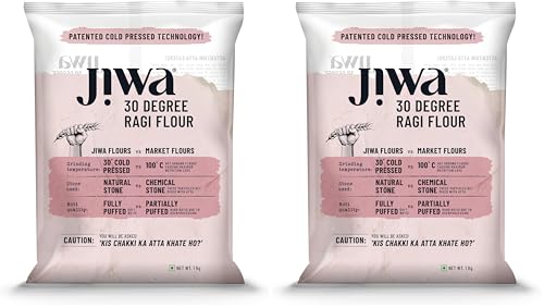 Image of Jiwa 30 Degree Ragi Flour /Atta | Patented Cold Pressed Flour | Slow Ground | Puffed Soft Rotis | Finger Millet Flour | Nachni Atta | Gluten Free | 1 Kg (Pack of 2)