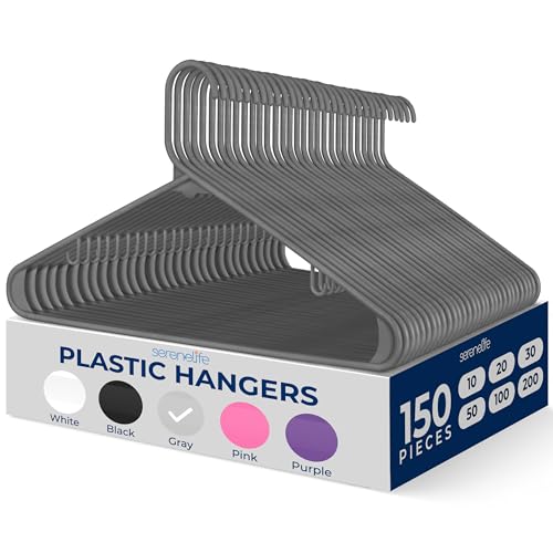 SereneLife 150 Pcs Plastic Hangers Gray – Ultra Lightweight Heavy