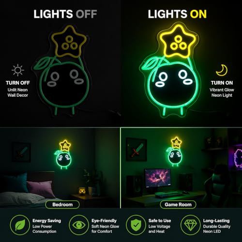 Image of Green Forest Spirit LED Neon Sign 15.7 inchx10 inch - Cute Star-Headed Character Wall Decor, USB Powered Night Light for Gamer Room, Bedroom, Farmhouse Aesthetic - Kawaii Harvest Helper Lamp
