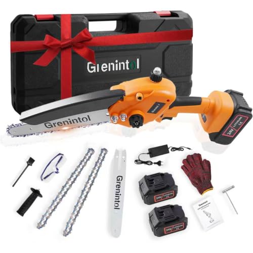 8'' Mini Motosierra Bateria 6000mAh, Motosierra Eléctrica con Bomba de Aceite & Bloqueo Seguridad, Motor Sin Escobillas 1000 W, Sierra Electrica Portátil para Jardín y Corte Madera