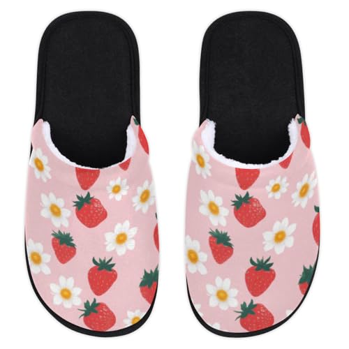 Strawberry Flower Pattern Soft Women Slippers Cozy House Shoes Lightweight Fuzzy Slippers Memory Foam Slippers for Women Indoor and Outdoor