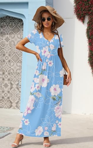 Image of GRECERELLE Womens Summer Long Maxi Dresses 2026 Short Sleeve V Neck Casual Button Dress with Pockets