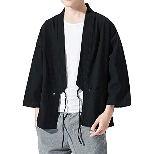 Haseil Men's Kimono Cardigan Japanese Jackets Casual Cotton 3/4 Sleeve Shirt Open Front Coat Lightweight Linen Outwear3