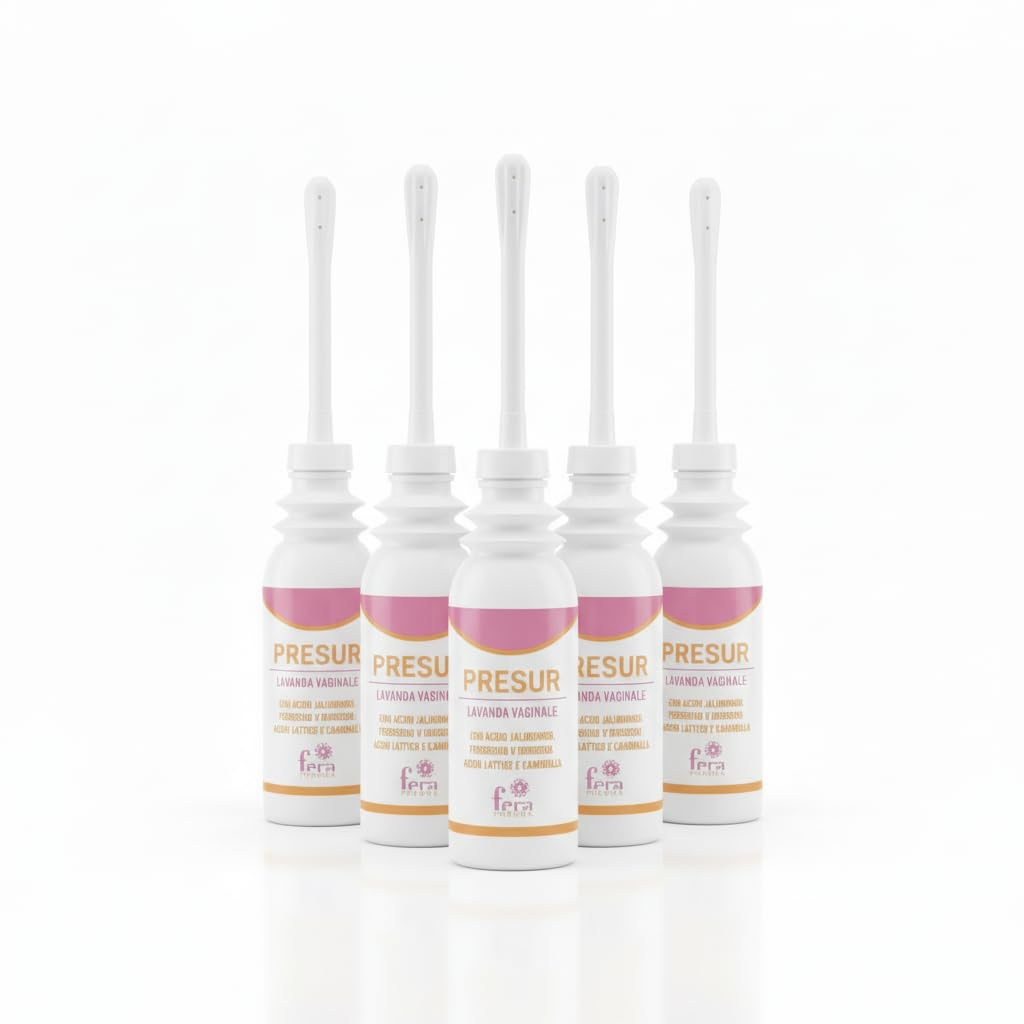 Presur - Lavanda Vaginale pH 3,5 pronta all'uso con Acido Ialuronico, Perossido d'Idrogeno, Acido Lattico e Camomilla - 5 Flaconi da 100 ml con Cannula Monouso (Confezione da 5)