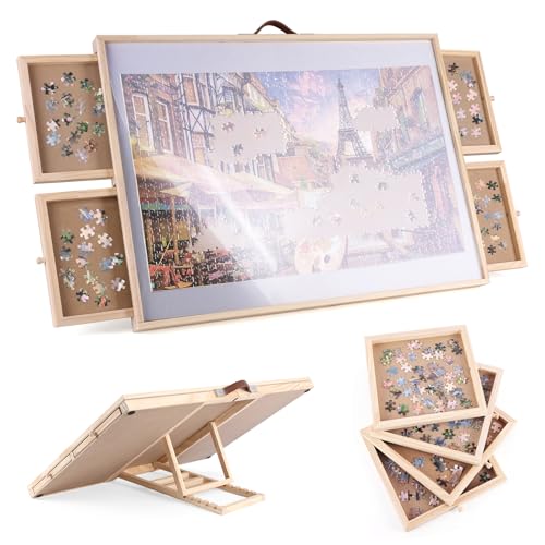 Ruication Jigsaw Puzzle Board Folding Tilting Puzzle Table Wooden Jigsaw Board Non-Slip Mat Surface for 1000 pieces 4 Sliding Drawers Storage System For Adults Gift