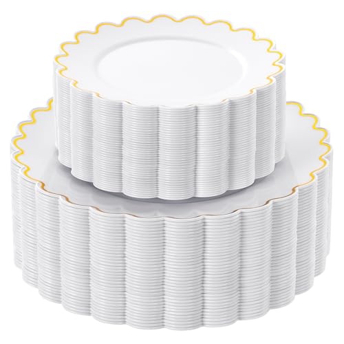 LIYH 100Pcs White Scalloped Plastic Plates with Gold Trim for Thanksgiving