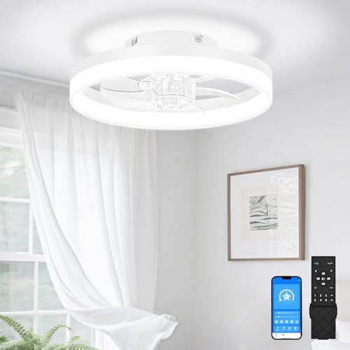 Image of VOLISUN 13 inch Small Ceiling Fans with Lights and Remote, Low Profile Ceiling Fans with Light, 3000K-6500K Dimmable LED Ceiling Light Flush Mount, Bladeless Fandelier Ceiling Fan (White)