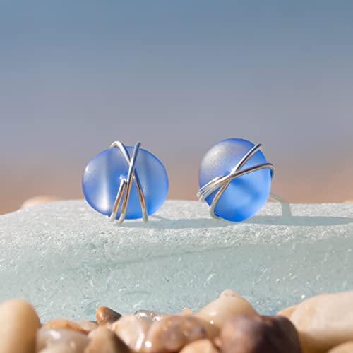 Sea Glass Earrings S990 Sterling Silver Hypoallergenic Handmade Stud Post Earrings Beach Glass Fashion Statement Handcraft Jewelry For Women Girls, 11Mm Dark Blue #TOP1