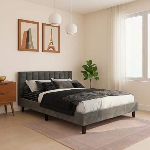 Image of Wooden Upholstered Bed King Size Without Storage | Wrought Iron King Size Cot with Headboard | Double Size Bed for Bedroom | Palang Furniture for Guest Room, Grey Finish, (Grey Finish)
