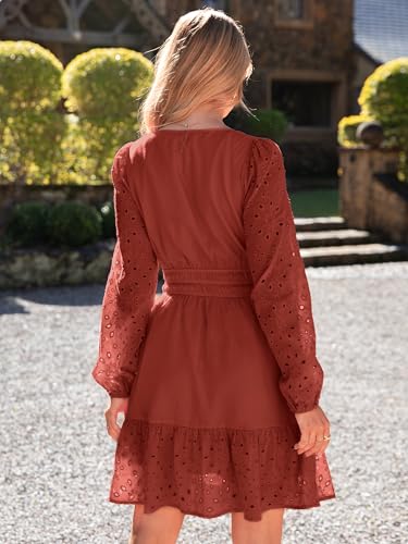 Simplee Womens Eyelet Long Sleeve Mini Dress 2025 Fall Boho Embroidery V Neck A Line Casual Short Party Dresses4
