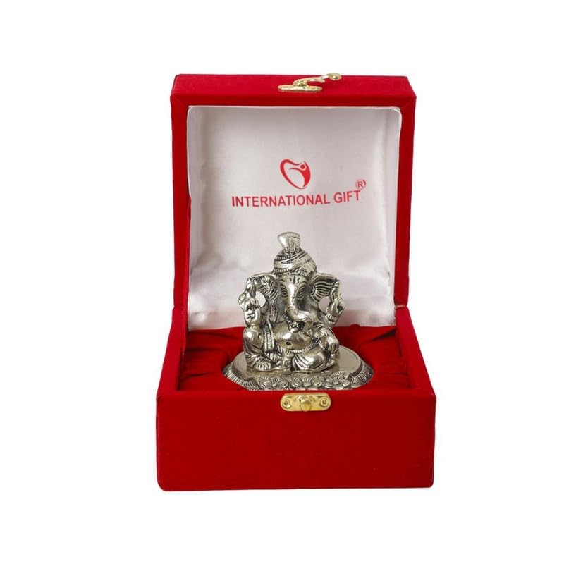 Image of INTERNATIONAL GIFT Silver Plated Pagdi Ganesh Idol Statue | Diwali Tag with Velvet Box & Carry Bag | for Pooja, Blessing, Festival Occasion, Return Gift Showpiece