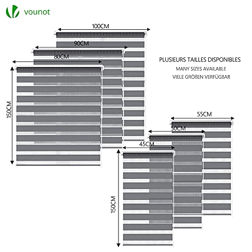 VOUNOT Day and Night Zebra Roller Blind with Clips 100 x 150 cm, Double Fabric Translucent or Blackout Vision Curtains for Window and Door, No Drilling, Grey